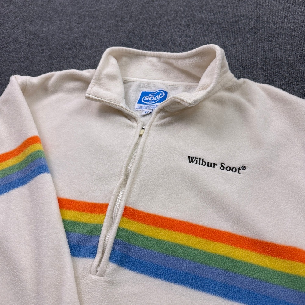 Wilbur Soot Fleece Pullover Unisex XL White Rainbow Stripe Quarter Zip READ